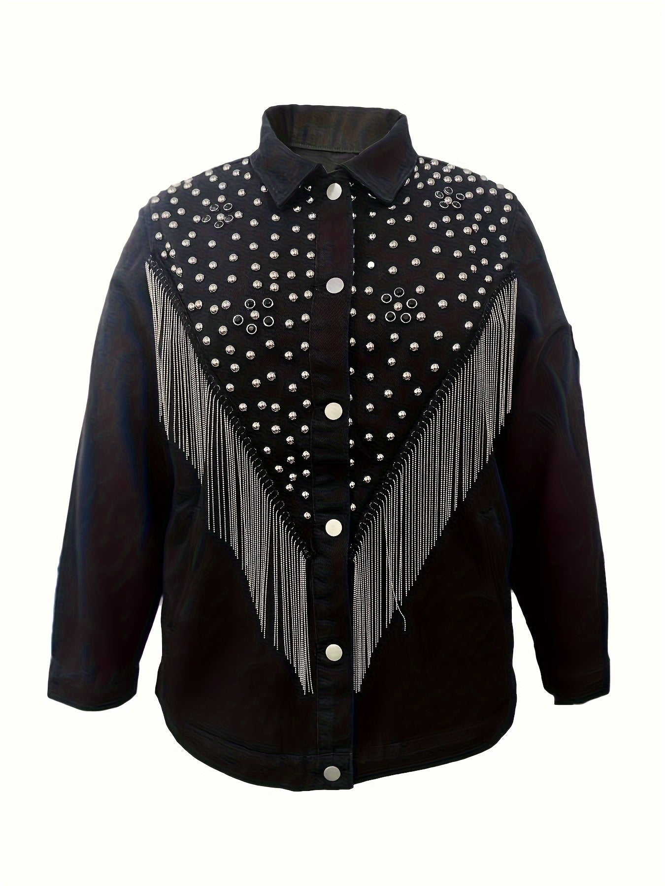  Punk Denim Jacket with Studded Detail and Fringe Trim
