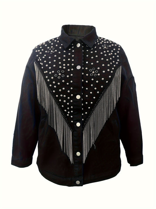  Punk Denim Jacket with Studded Detail and Fringe Trim