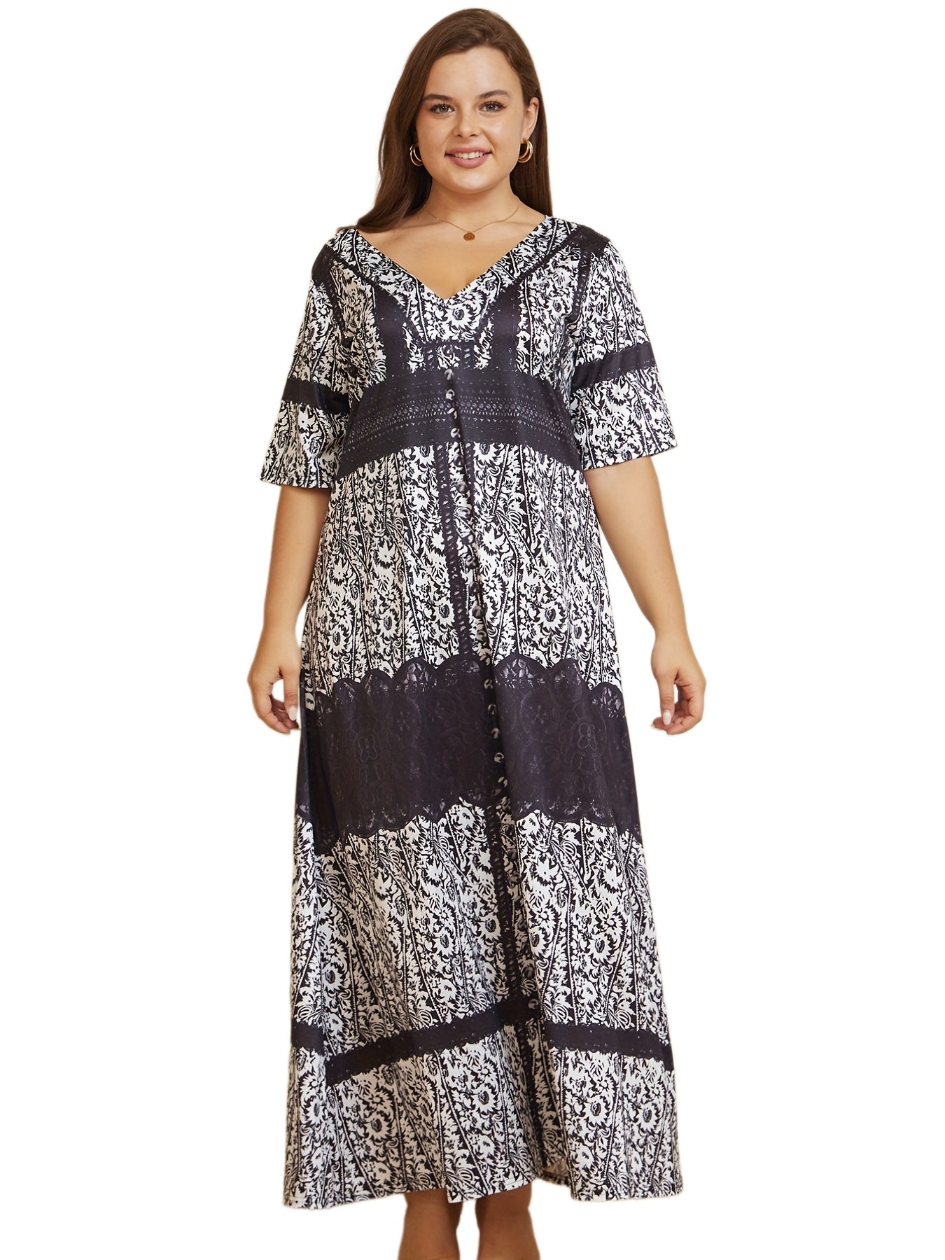  Colorblock Paisley Print V Neck Maxi Dress