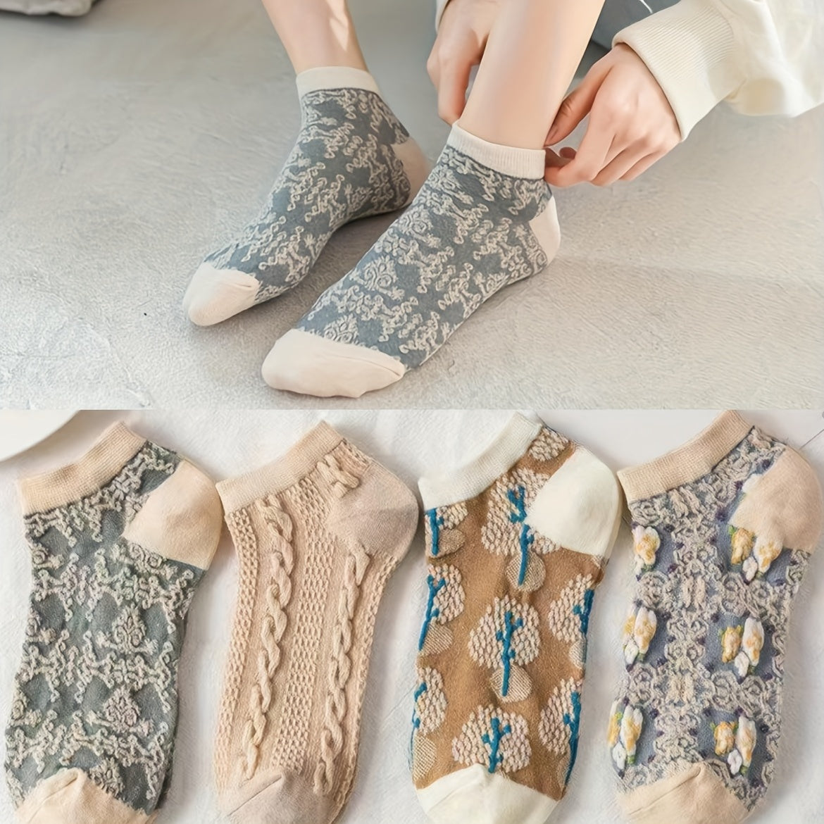Retro Style Floral Textured Ankle Socks for Women