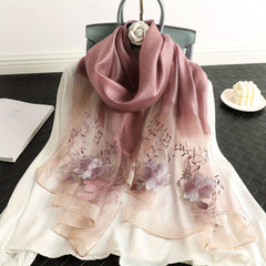 Flower Embroidery Silk Blend Scarf Solid Shawl Breathable Windproof Head Wrap