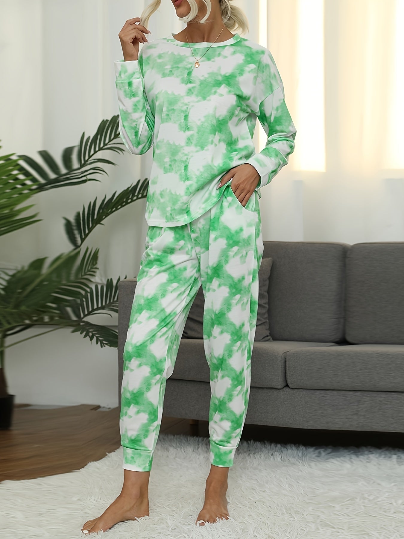 Tie Dye Print Lounge Set Long Sleeve Top & Pants