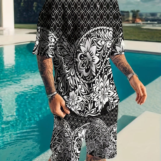 Men's 2 Piece Outfits Flower Print Ethnic Style T-shirt and Shorts Set