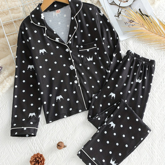 Girls 2pcs Crown Polka Dot Print Pajamas Set