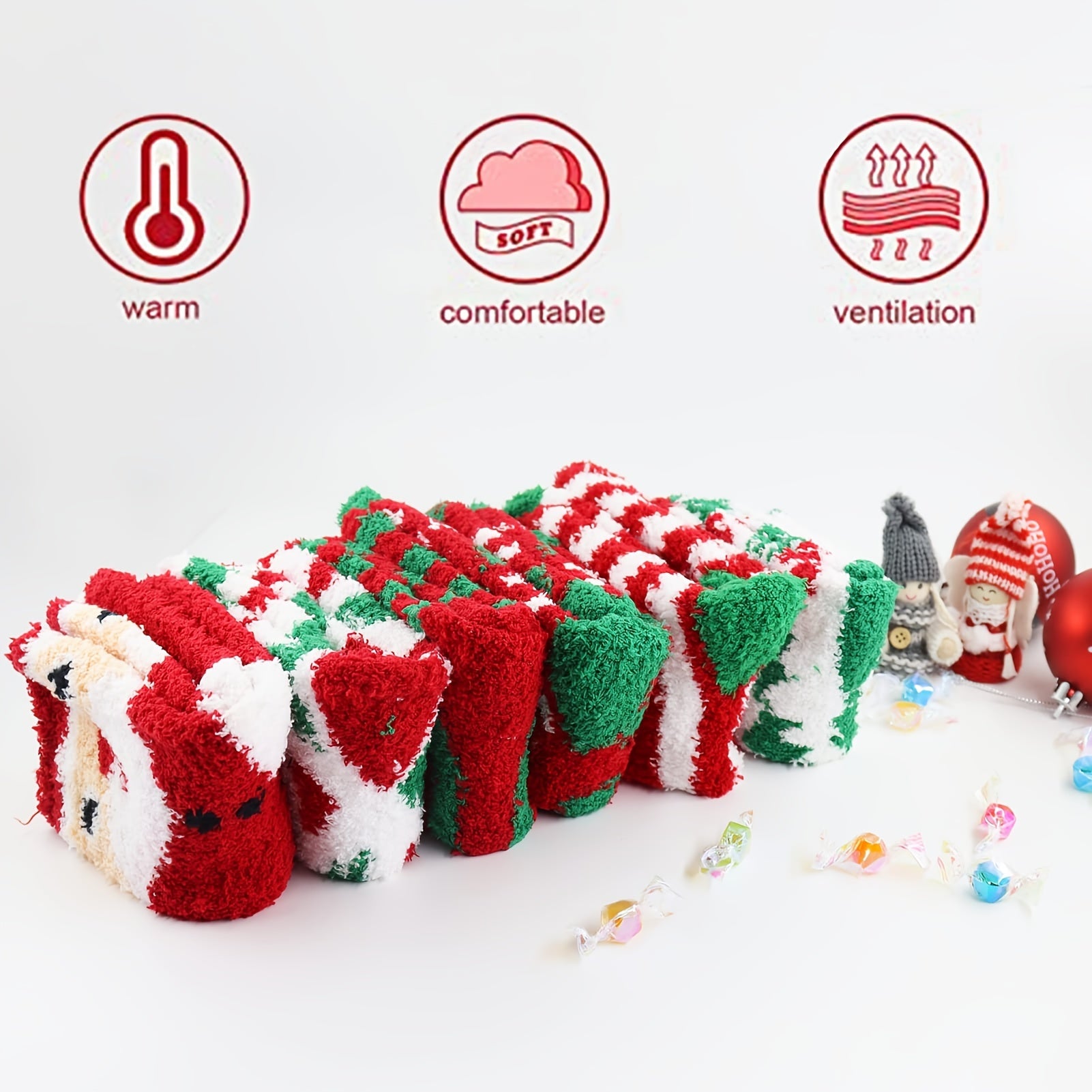 6pcs Christmas Print Socks Fuzzy Warm Comfy Stocking Decorations