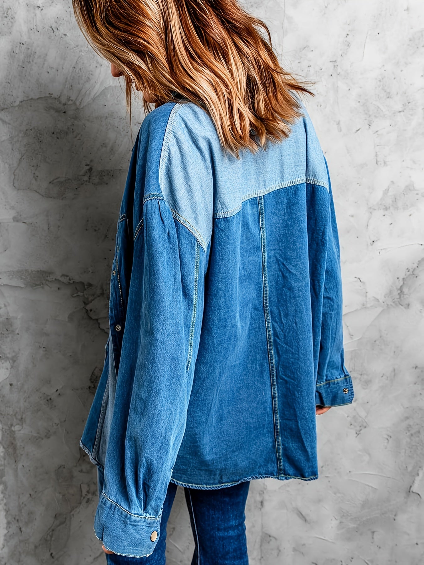  Colorblock Denim Top Women's Long Sleeve Button Up Loose Fit Shirt