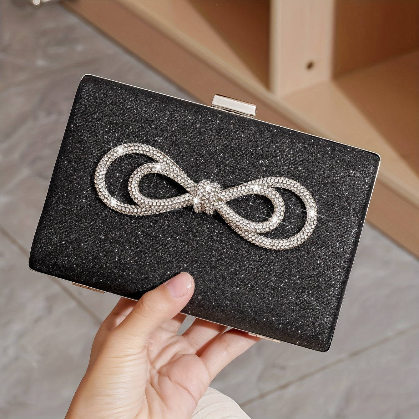 Glitter Rhinestone Bowknot Dinner Bag Clutch Square Evening Bag