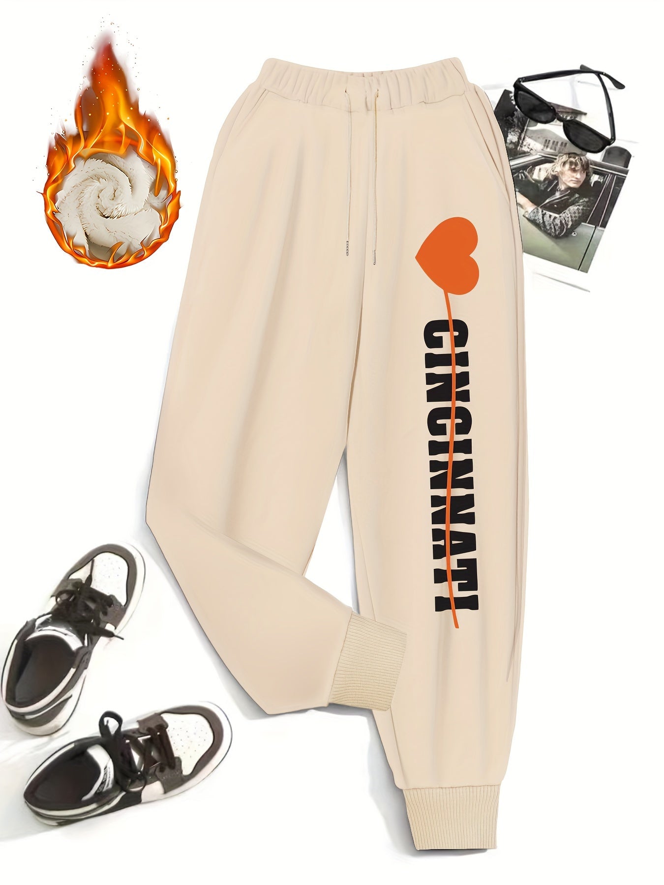 Women's Plus Size Fleece Liner Joggers, Heart Print, Elastic Drawstring