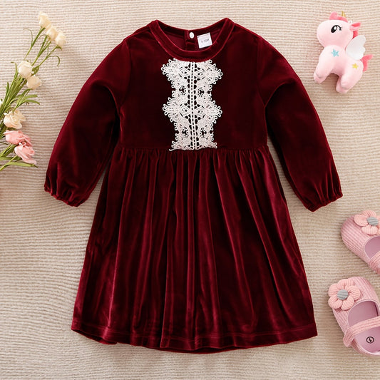 Baby Girls Lace Pleated Dress Fleece Thick Long Sleeve Dress