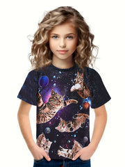 Breathable Astronaut Kitty Short Sleeve T-shirt Girls Spring Summer Gift