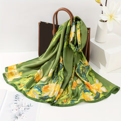 Green Lotus Print Scarf Satin Silk Scarf