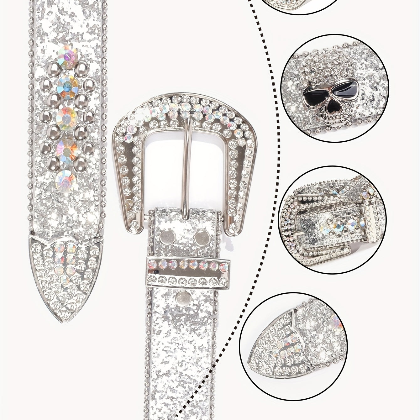 Silvery Grey Rhinestone Skull Waist Belt Punk Rivet Belt