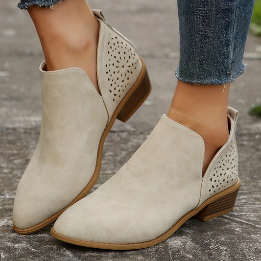 Women's Perforated Short Boots Retro Pointed Toe Stacked Chunky Heels