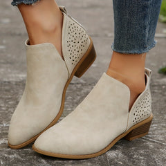 Women's Perforated Short Boots Retro Pointed Toe Stacked Chunky Heels