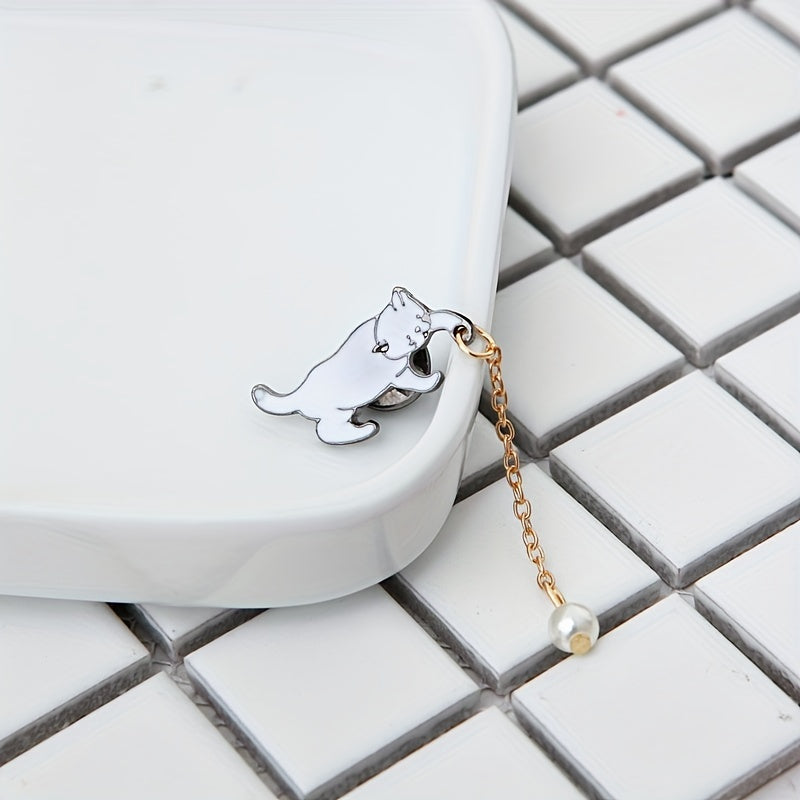 Cute Kitten Pearl Tassel Brooch for Jackets and Hats