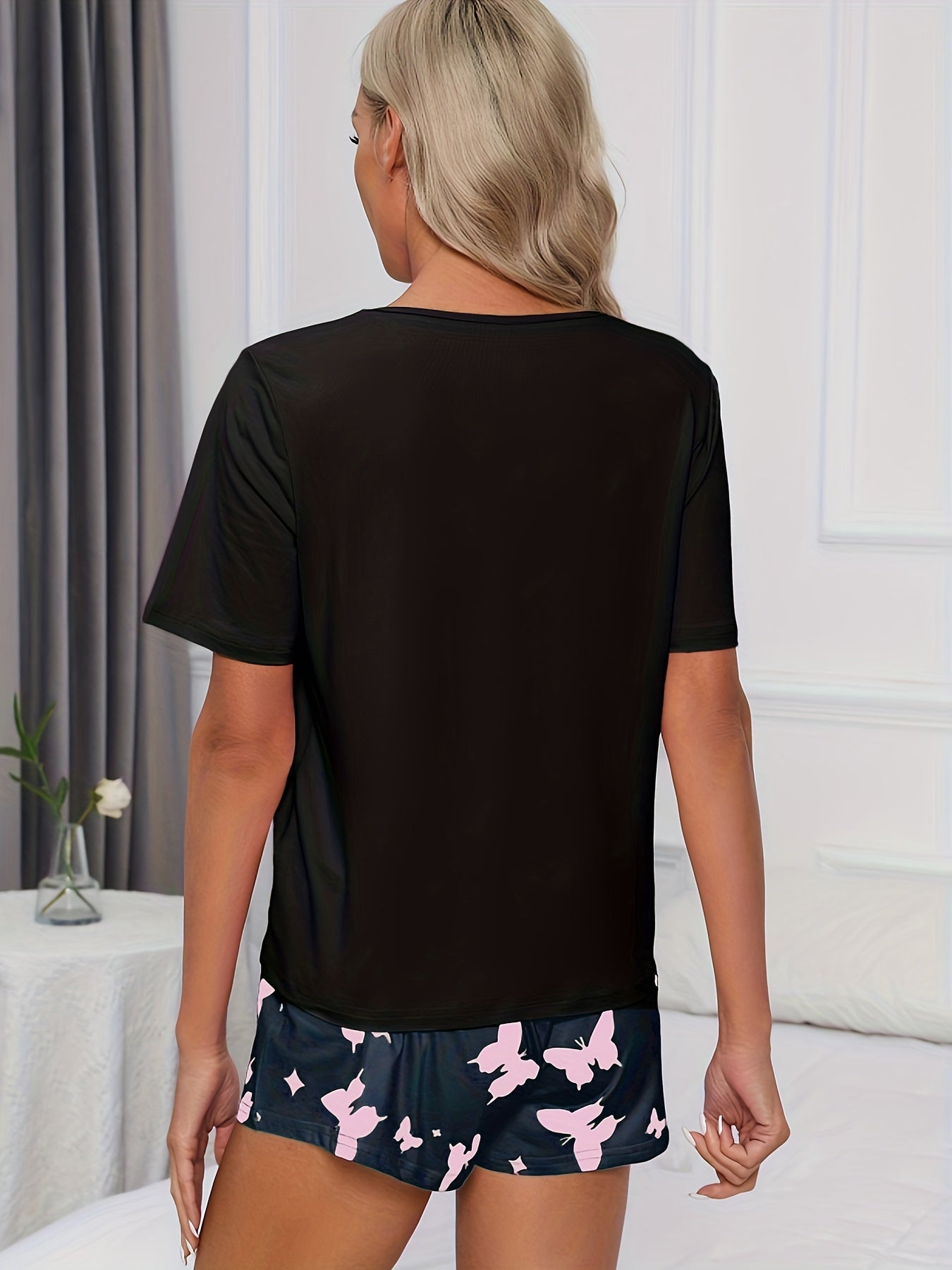 Butterfly Print Sleep Set Short Sleeve Top & Shorts Women's Pajamas