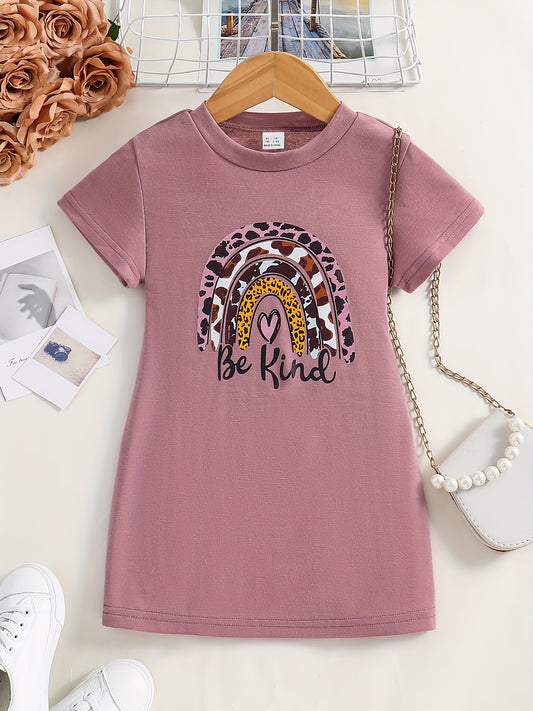 Girls Leopard Rainbow Print Dress Crew Neck Kids Short Sleeve Dress