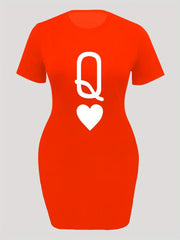 Women's Plus Q & Heart Print Short Sleeve Dress