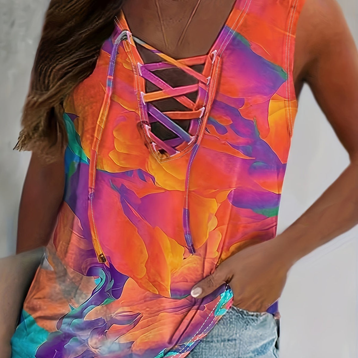  Tie Dye Print Criss Cross Tank Top Slight Stretch