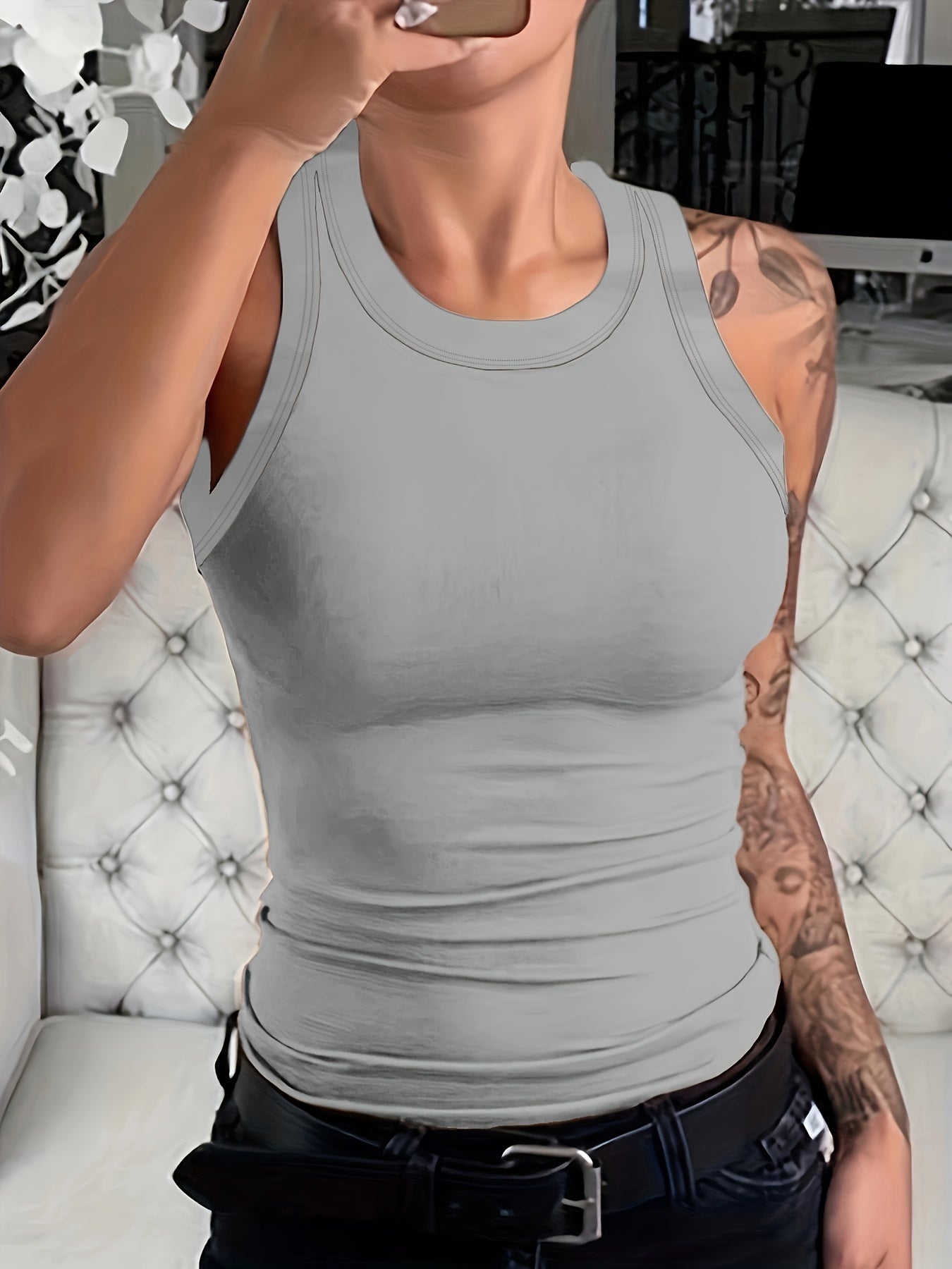  Colorblock Tank Top Round Neck Stretchy Skinny Tank Top