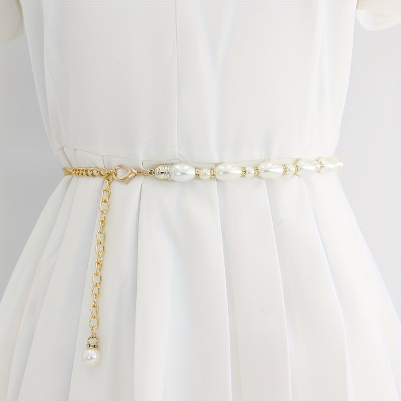 Faux Pearl Chain Belt Metal Waistband Women Dress Girdle