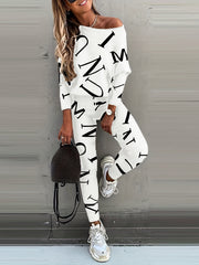 Casual Letter Print Two piece Set Crew Neck Long Sleeve Tops & Slim Pants