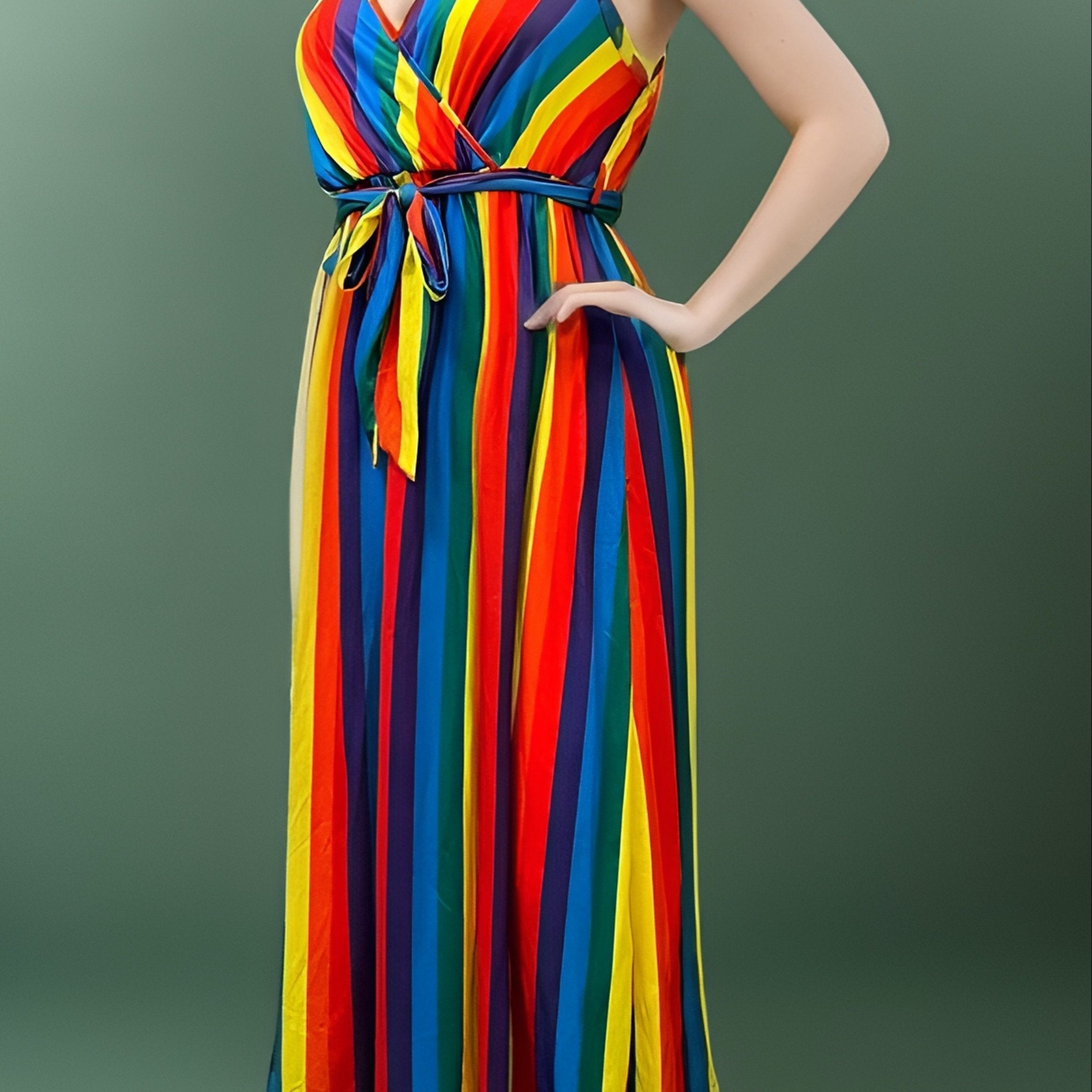  Colorblock Stripe Print Surplice Neck Cami Dress