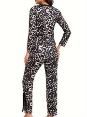 Leopard Print Lounge Set Lace Trim V Neck Top & Pants Women's Loungewear