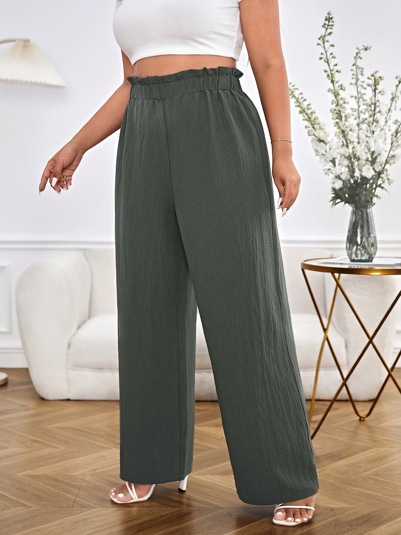 Solid Paperbag High Waist Wide Leg Loose Trousers