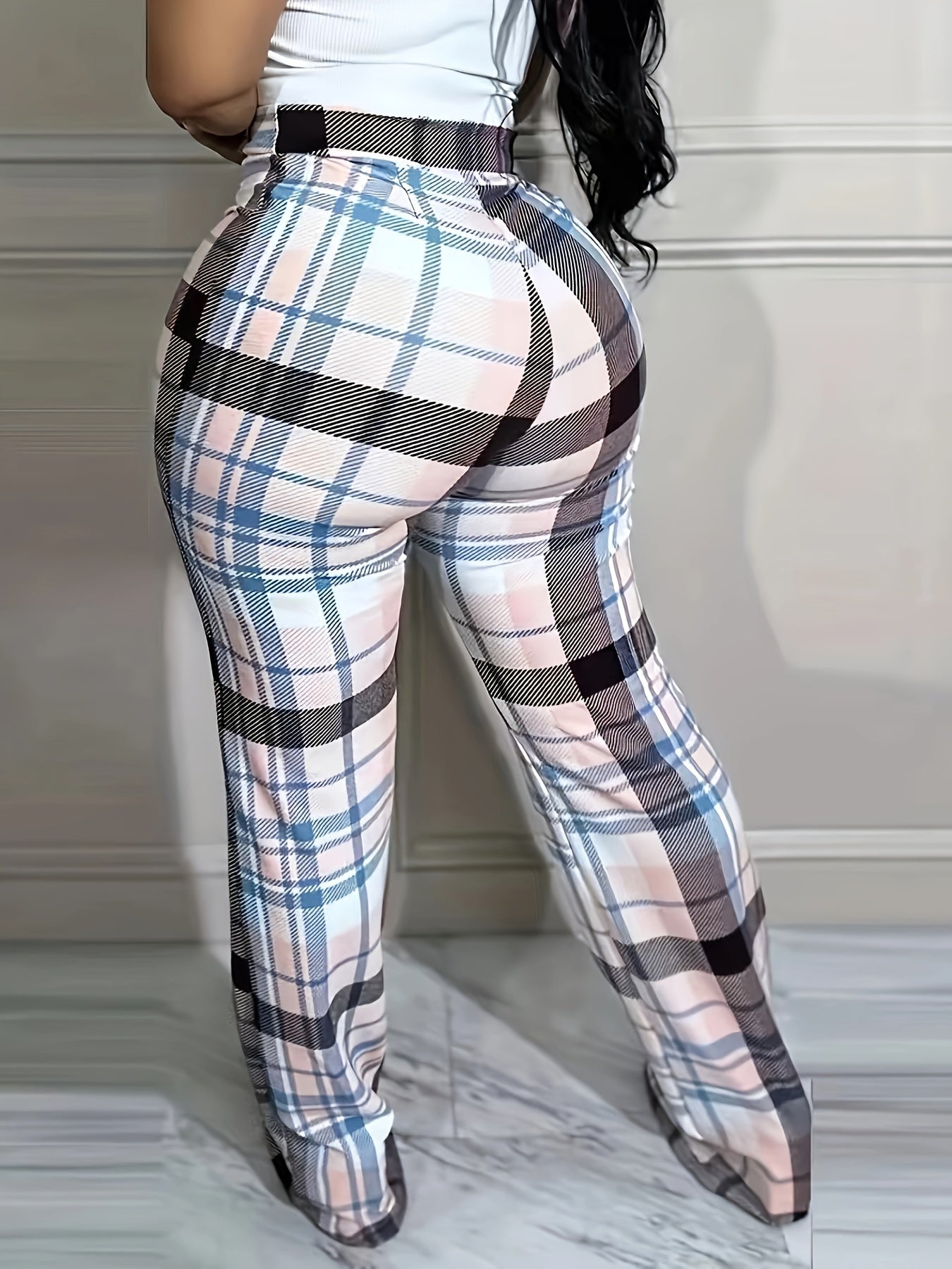 Women's Plus Plaid Print Drawstring Elastic High Rise Trousers