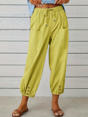  Solid Bow Knot Elastic Button Casual Pants