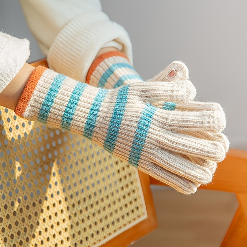 Knitted Striped Finger Gloves Hand Warmers for Women