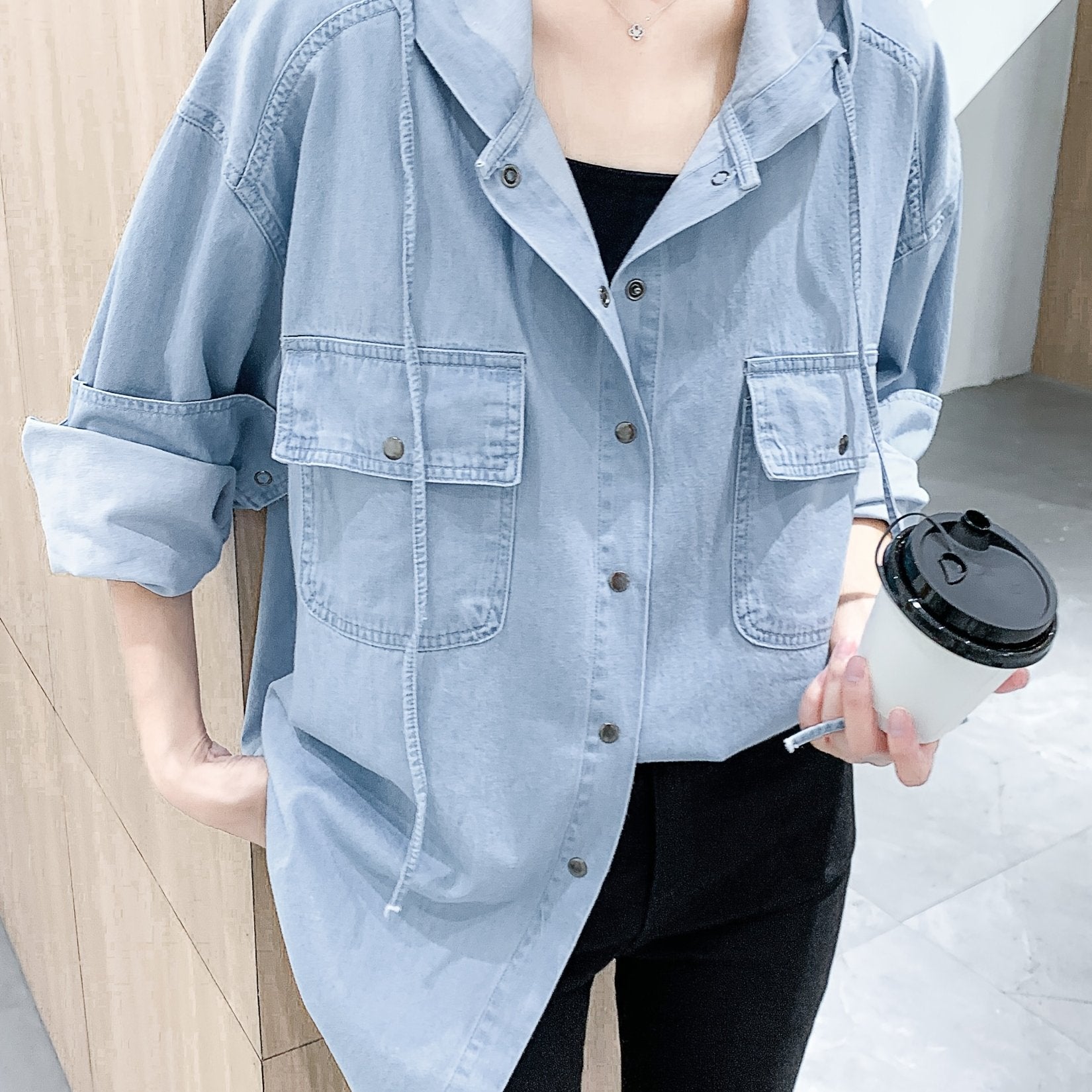 Plus Size Hooded Denim Blouse Long Sleeve Button Up