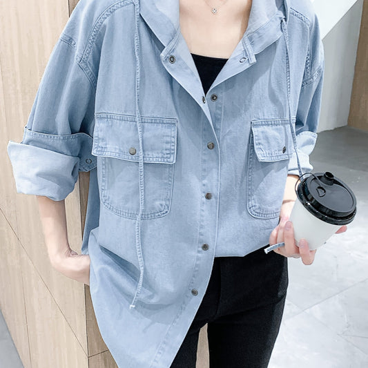 Plus Size Hooded Denim Blouse Long Sleeve Button Up