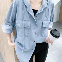 Plus Size Hooded Denim Blouse Long Sleeve Button Up