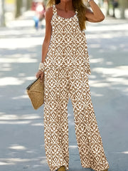 Ikat Print Boho 2pc Set Chain Linked Sleeveless Top & Wide Leg Pants