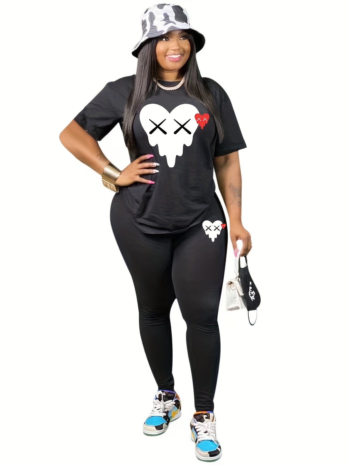 Women's Plus Heart Print Top & Pants Set