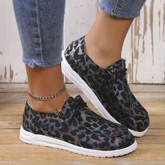 Leopard & Floral Pattern Low Flat Shoes Slip On Lace Up Casual Outdoor Shoes