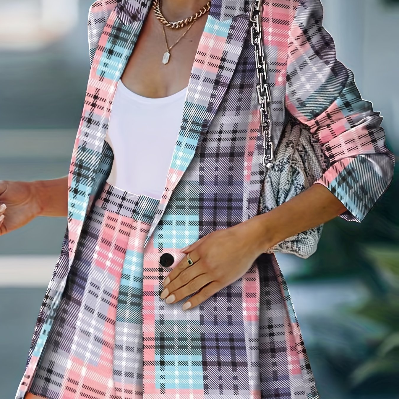 Plaid Print Two piece Set Blazer & Shorts Outfit Women's Clothing