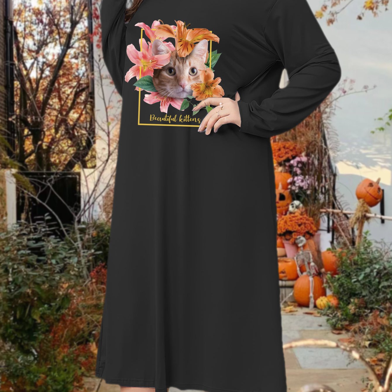  Lounge Dress Lily & Cat Print Round Neck Tee Sleep Dress