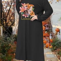  Lounge Dress Lily & Cat Print Round Neck Tee Sleep Dress