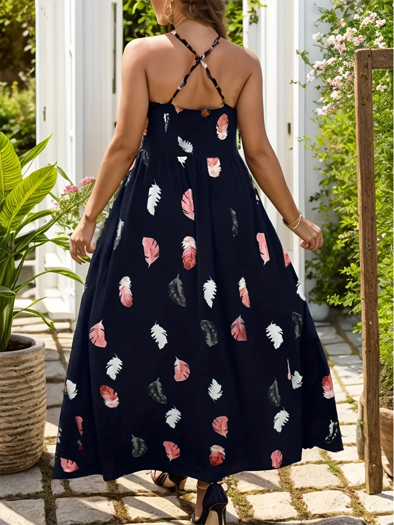  Feather Print Maxi Cami Dress
