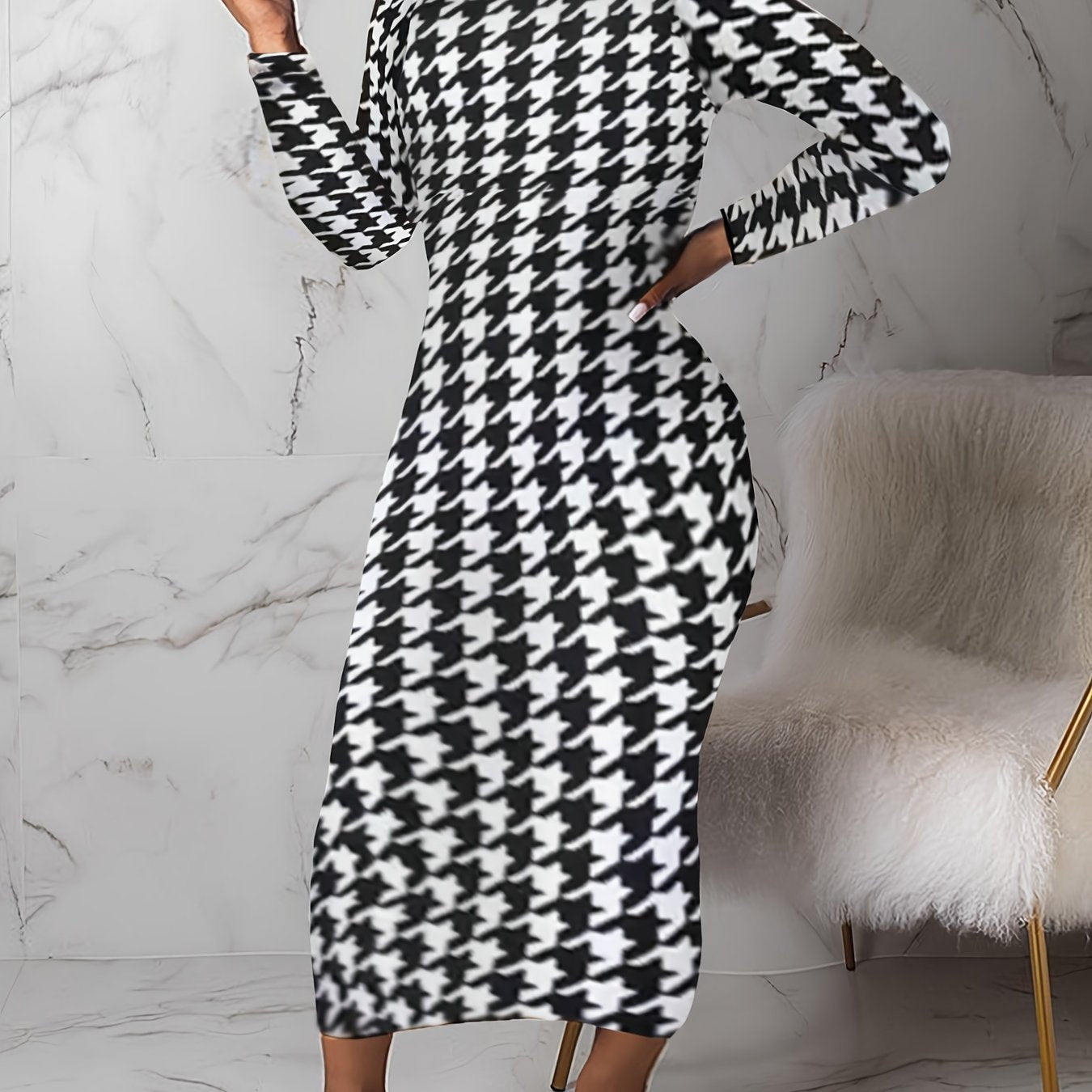  Houndstooth Print Long Sleeve Round Neck Maxi Dress