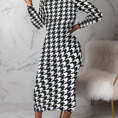  Houndstooth Print Long Sleeve Round Neck Maxi Dress