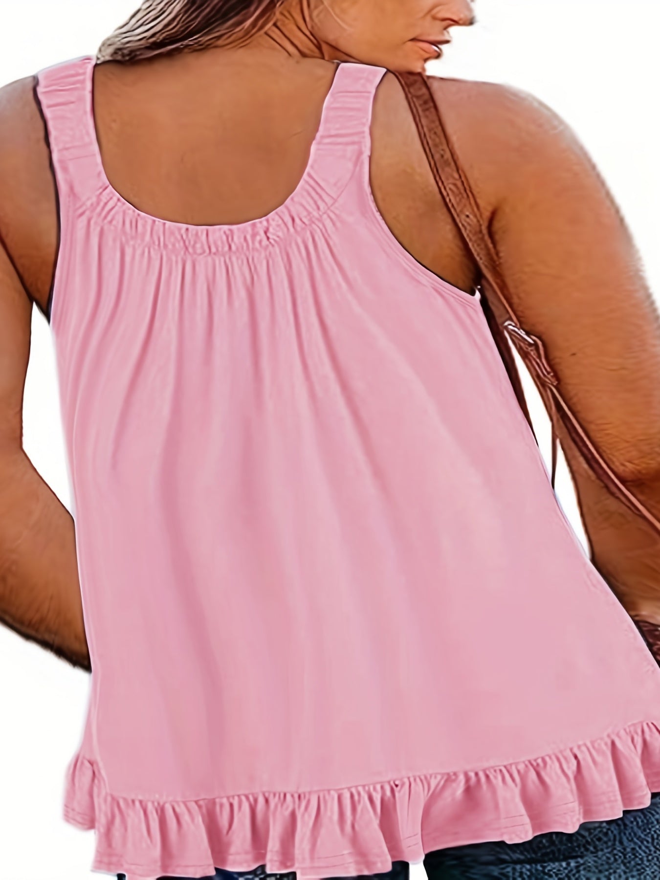  Casual Cami Top Solid Round Neck Ruffle Trim Slight Stretch