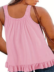  Casual Cami Top Solid Round Neck Ruffle Trim Slight Stretch