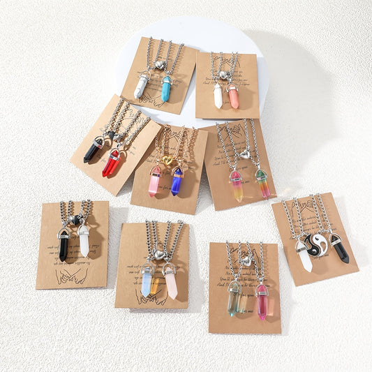 2pcs Couple Natural Stone Crystal Pendant Magnet Necklace Set Gift