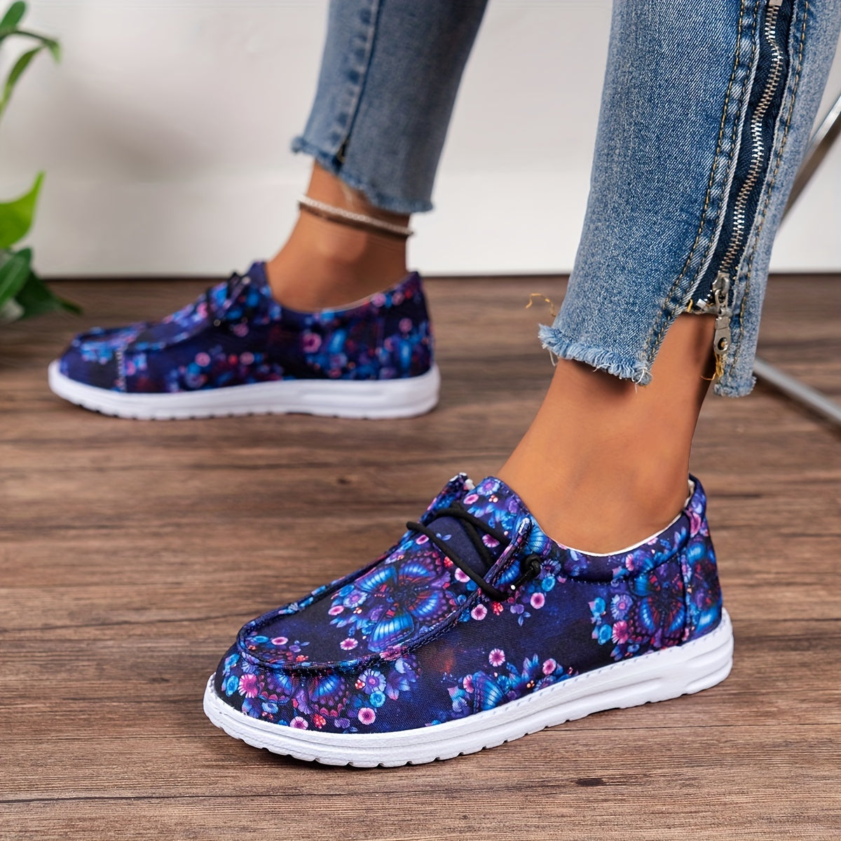 Women's Butterfly & Floral Print Flats Slip On Canvas Shoes Lightweight