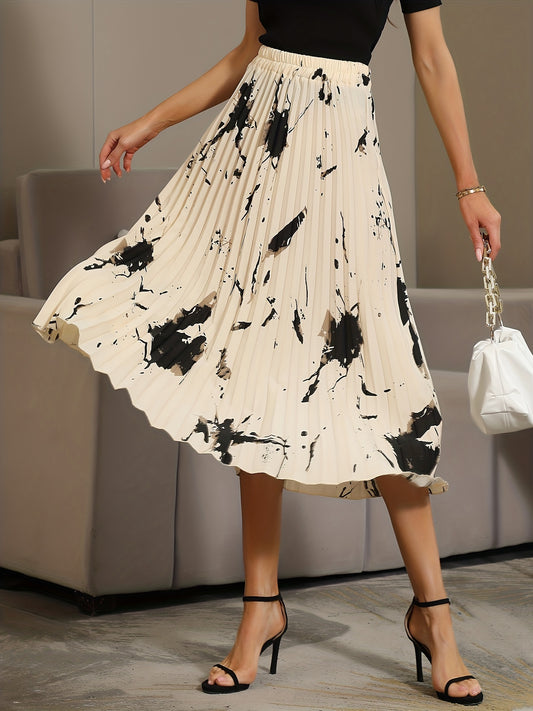 Graphic Print Pleated Skirt Elastic Waist Skirt for Spring & Summer