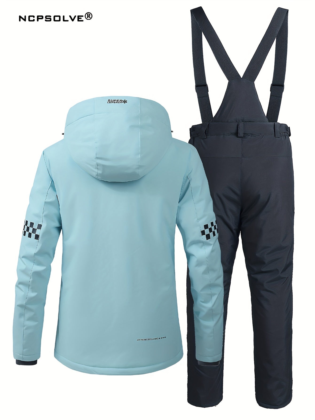 Checkerboard & Letter Print Ski Set Hooded Jacket & S